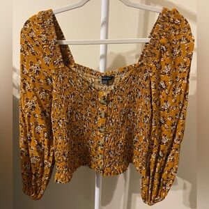 American Eagle Mustard Floral Smocked Top